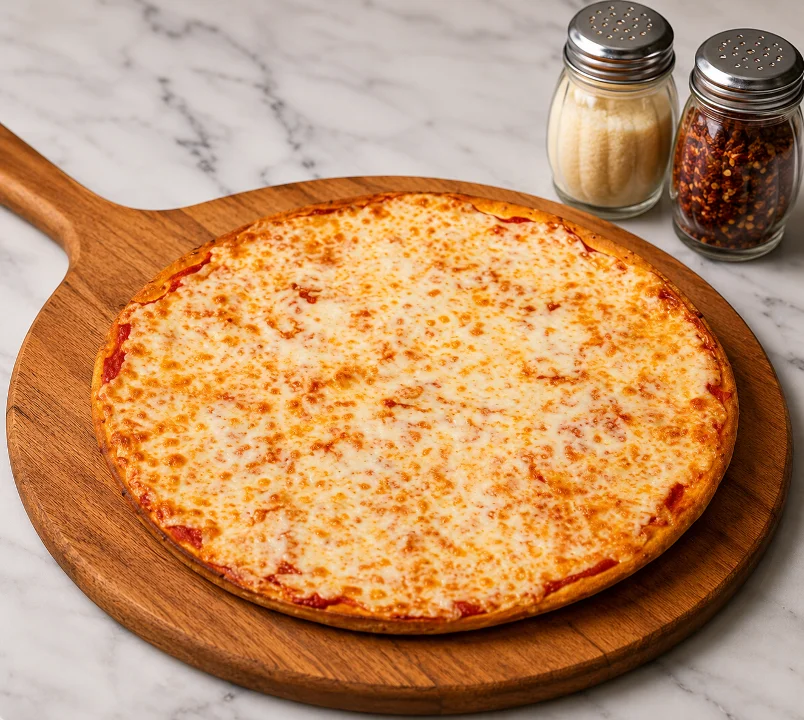 A classic cheese pizza with a golden-brown crust, sitting on a wooden pizza peel, alongside salt and pepper shakers.