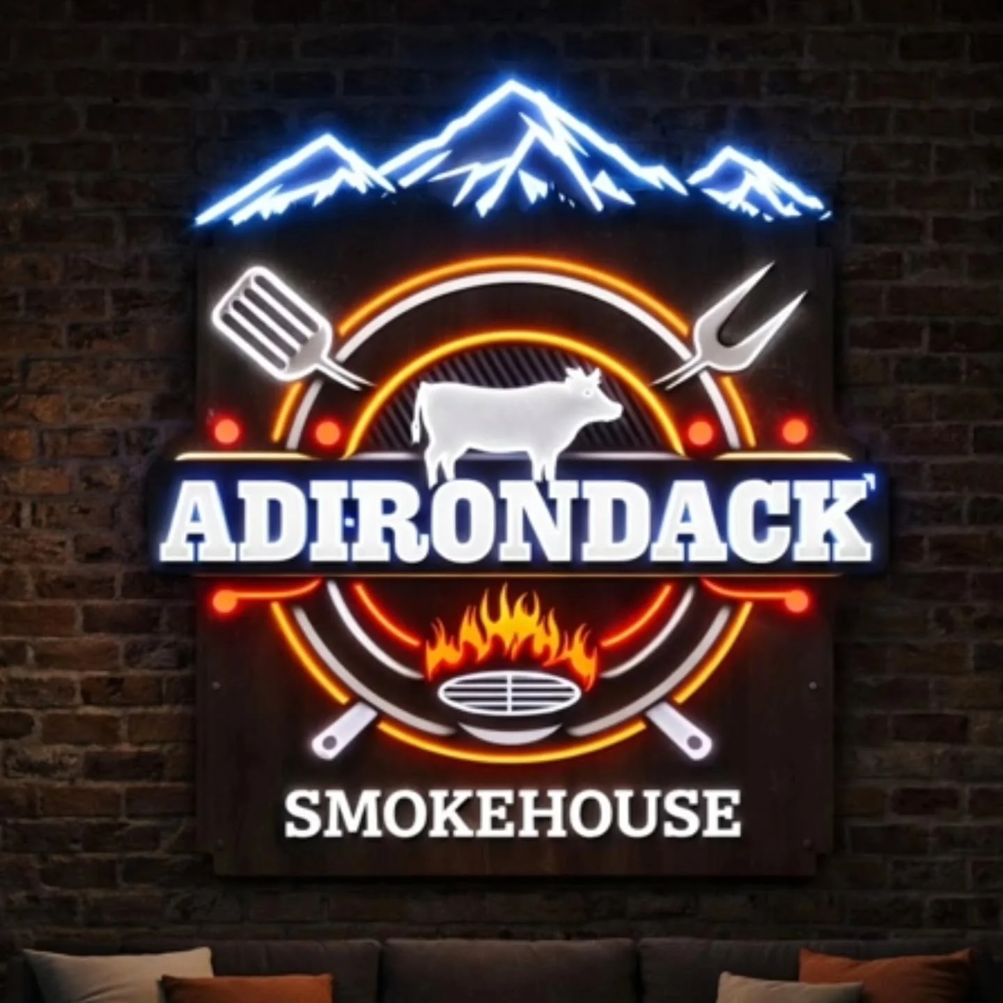 Illuminated sign for Adirondack Smokehouse restaurant