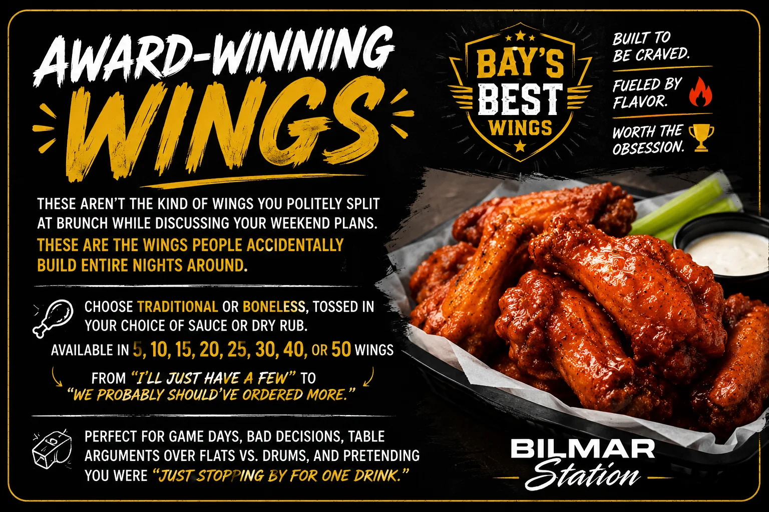 Delicious award-winning wings served with celery and dipping sauce.