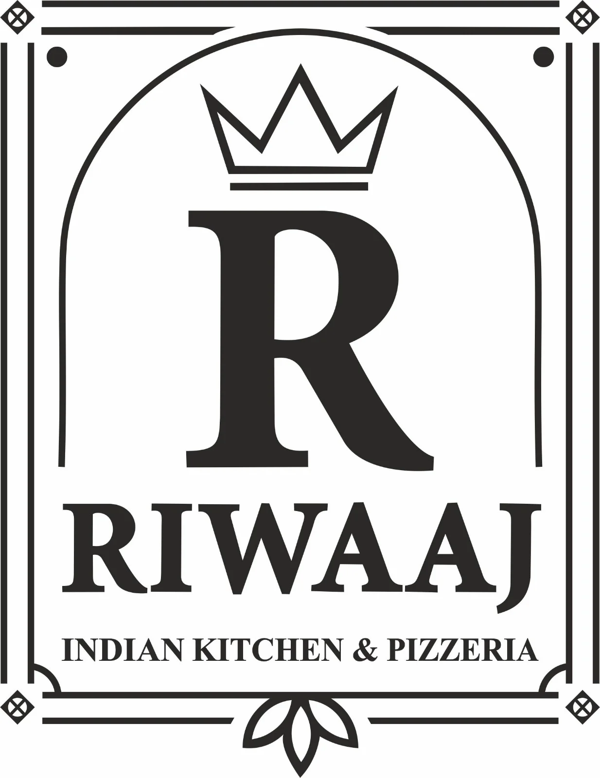 A logo featuring the letter 'R' and the name 'RIWAAJ', with a crown above and a decorative border. The text indicates an Indian kitchen and pizzeria.