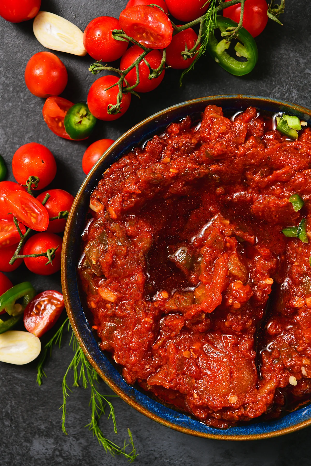 Spicy tomato salsa in a bowl with fresh ingredients