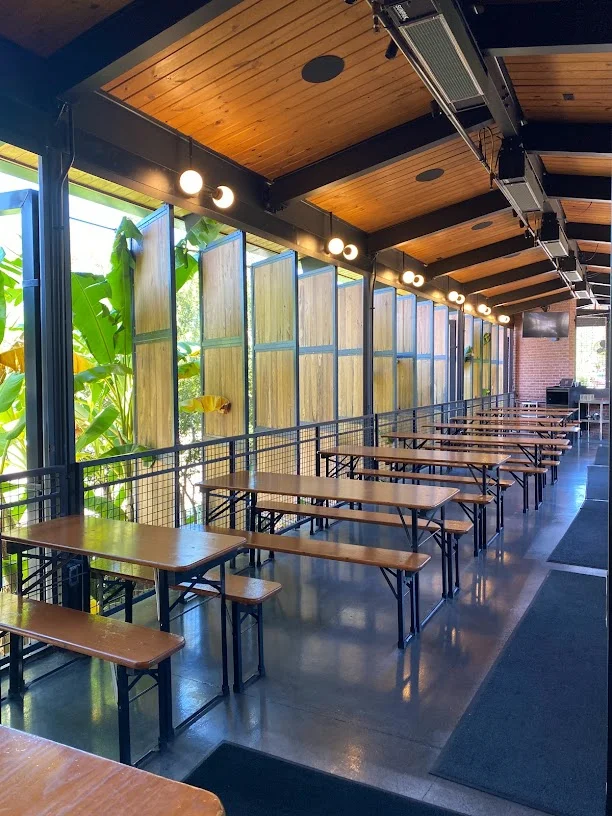 Lively restaurant interior with greenery and patrons enjoying their meals