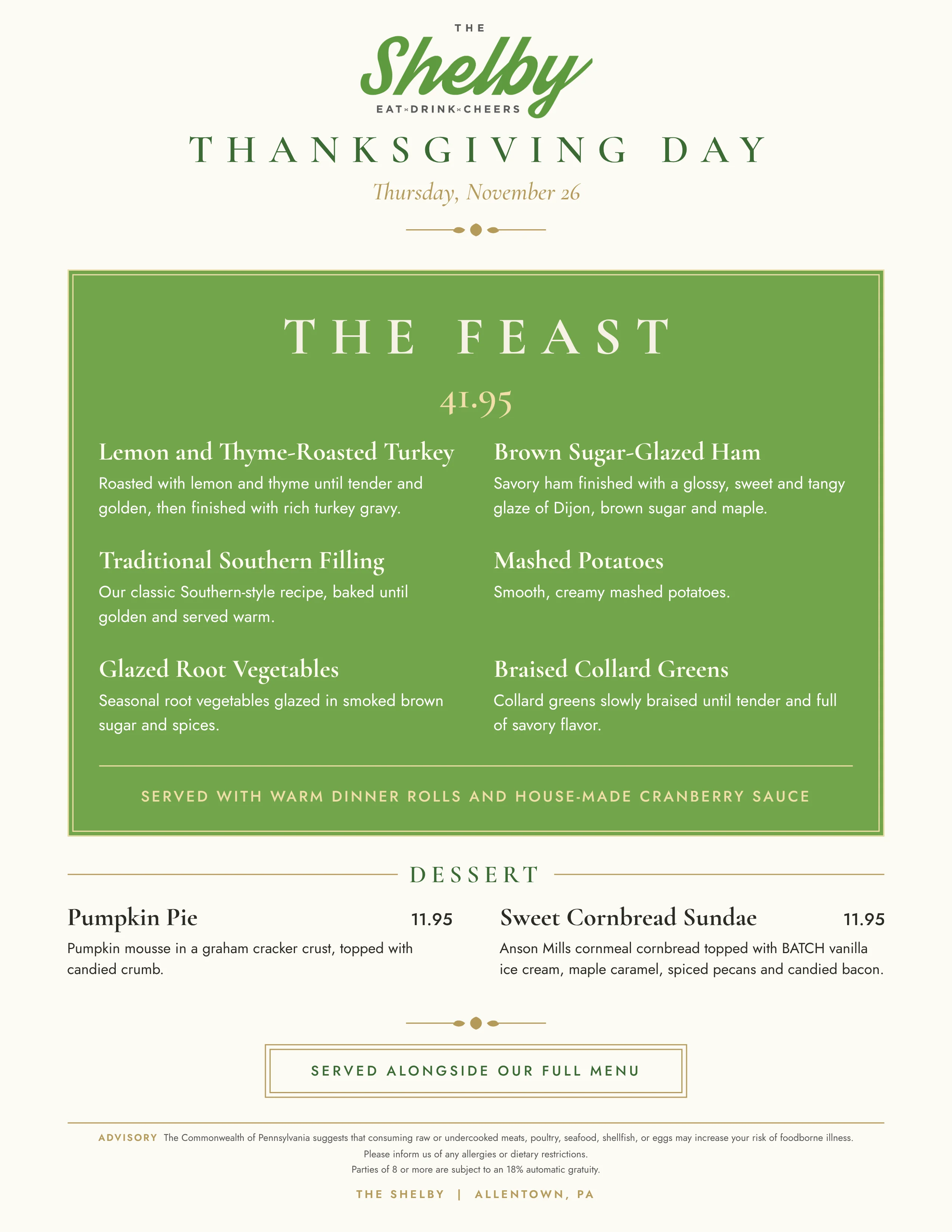 Thanksgiving Day restaurant menu featuring a Southern-inspired feast