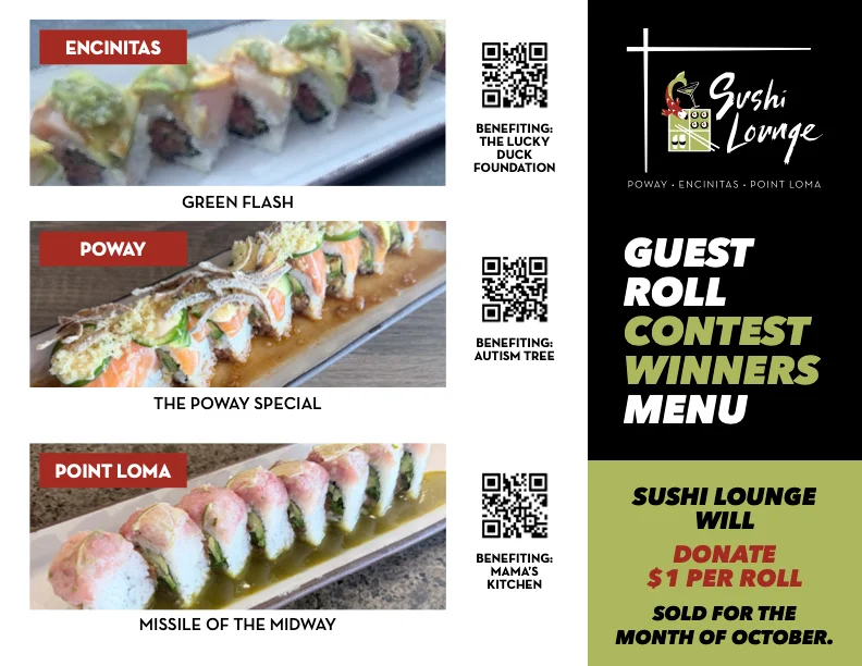Sushi Lounge guest roll contest menu featuring three plated sushi rolls and charity donation details