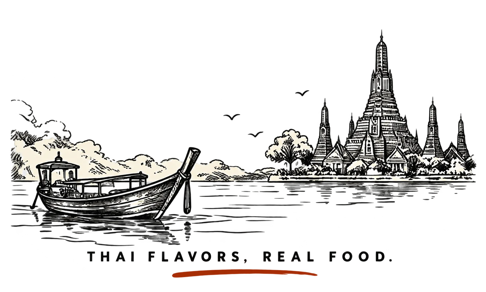 Thai temple and boat on water, Bangkok, Thailand