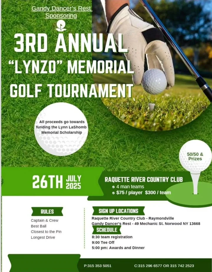 Promotional flyer for a golf tournament supporting a memorial scholarship