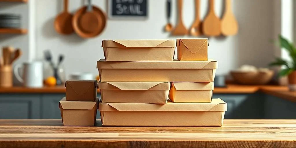 Stack of eco-friendly takeout boxes in a cozy kitchen