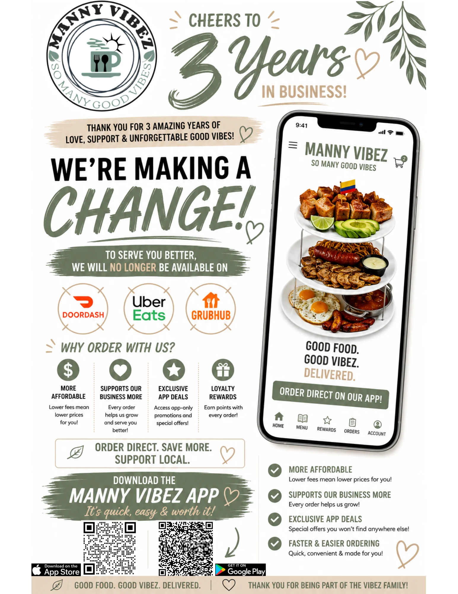 Celebratory restaurant announcement for Manny Vibez's 3rd anniversary