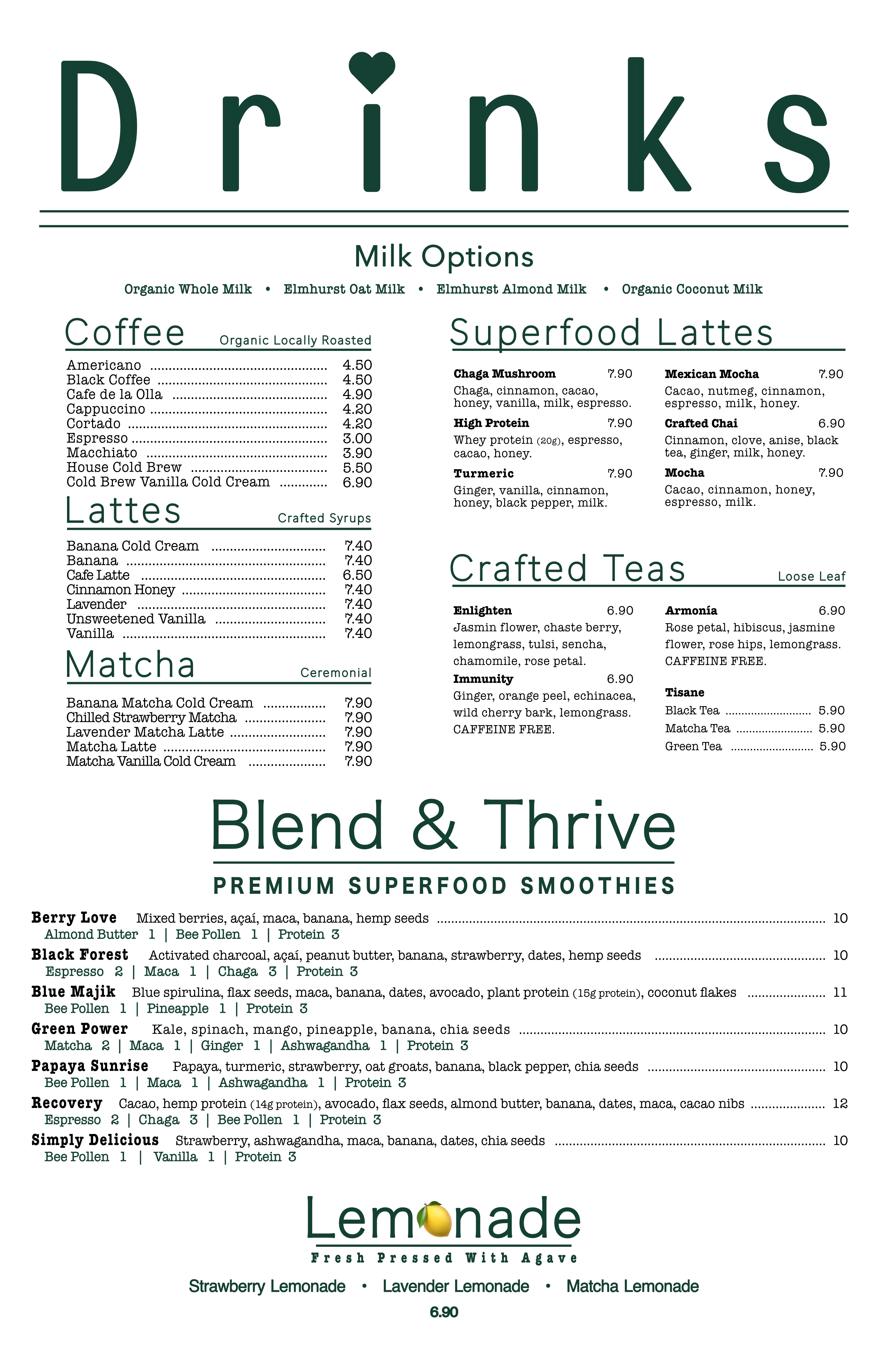 Menu featuring drinks, smoothies, and lemonade options.