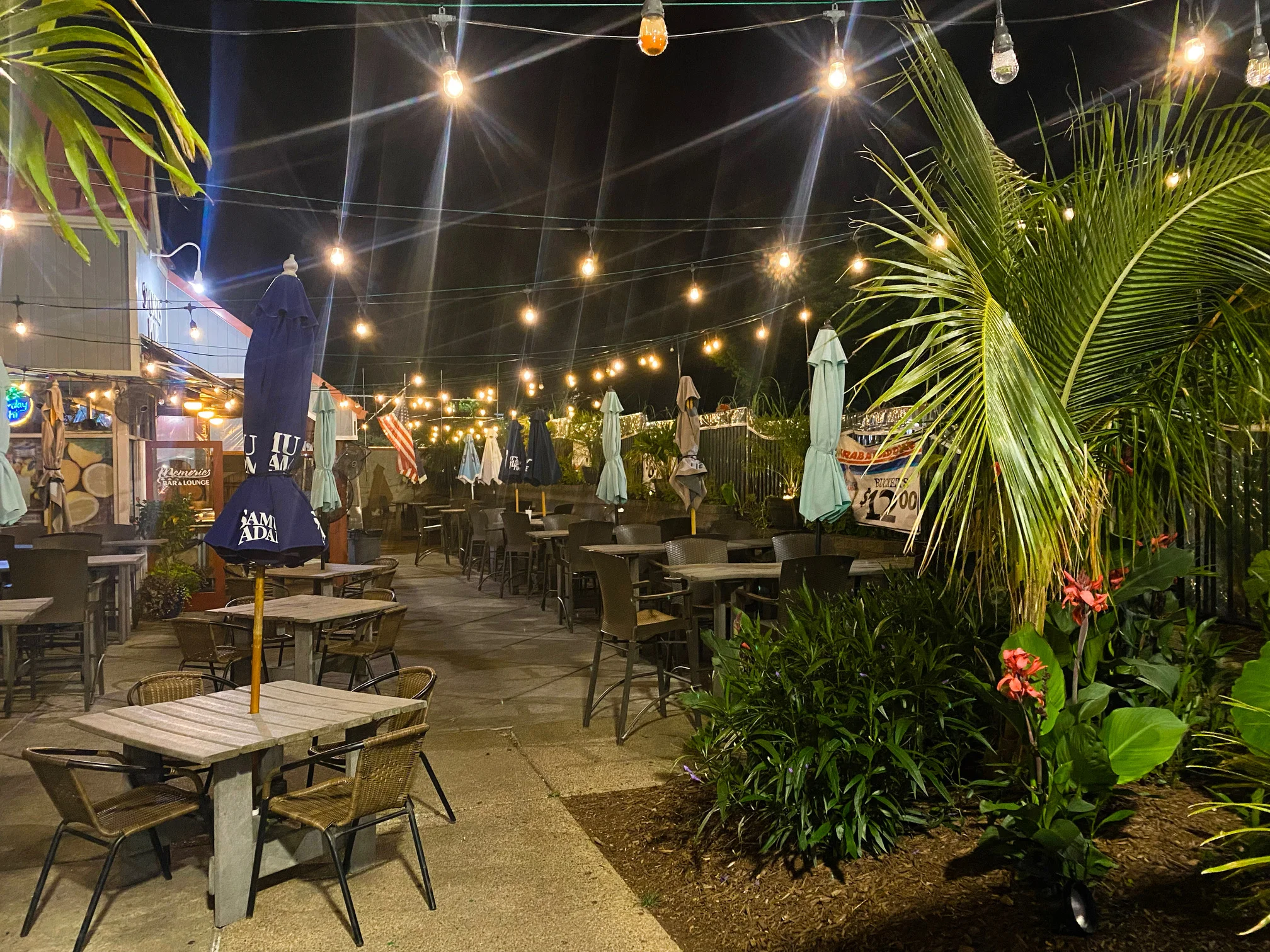 Outdoor dining area with string lights and tropical plants