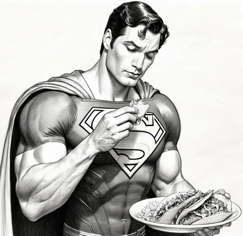 Superhero enjoying delicious tacos on a plate
