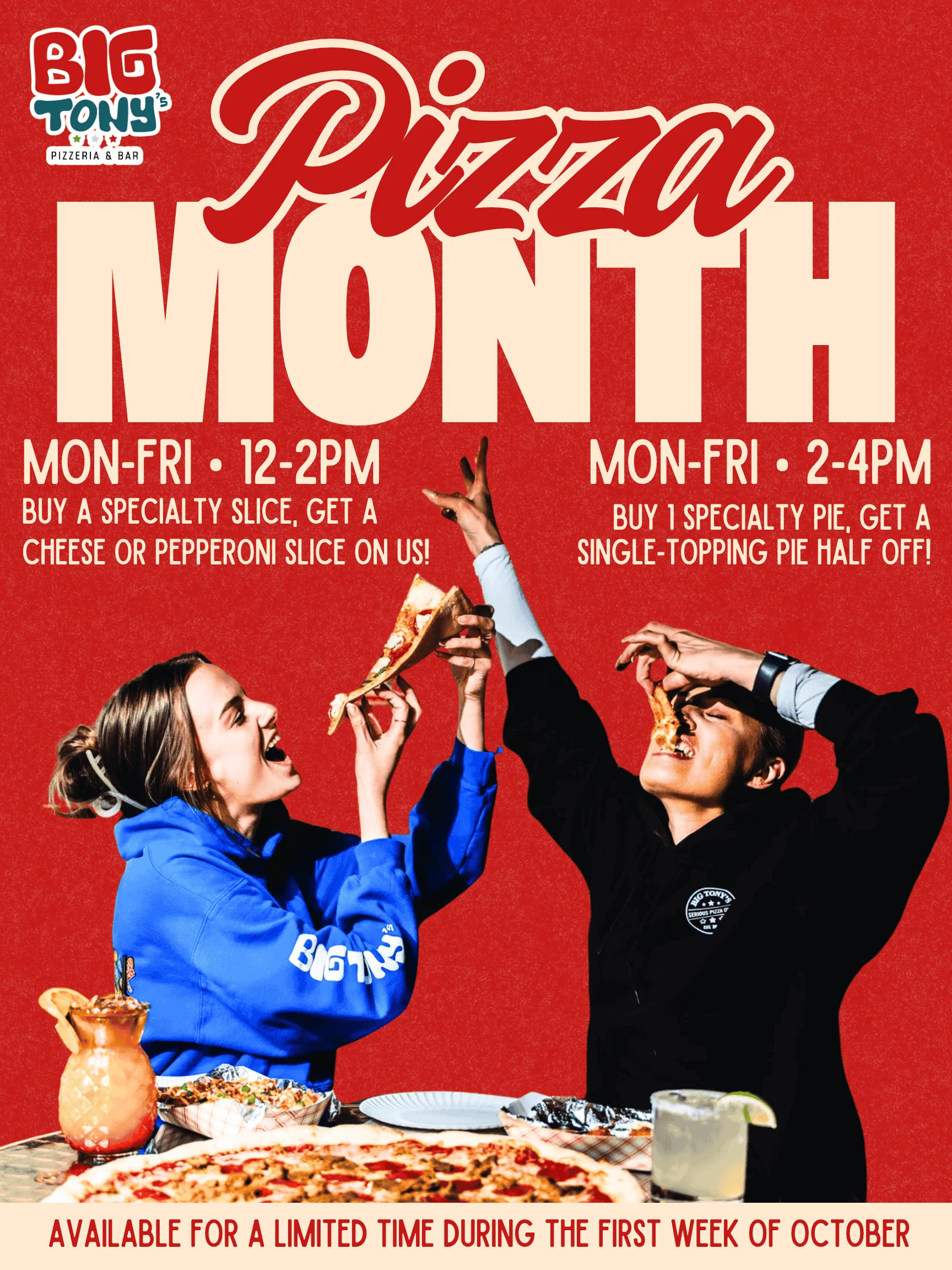 Promotional pizza party poster with diners enjoying pizza slices and drinks
