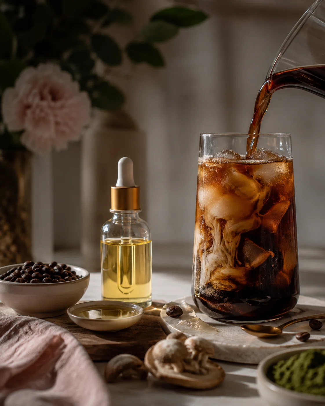 Iced coffee drink with unique ingredients and garnishes