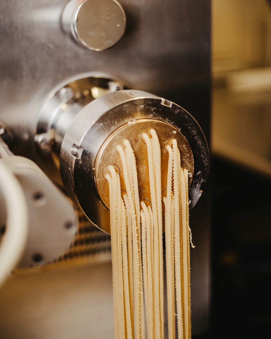 Freshly extruded pasta strands from a pasta machine