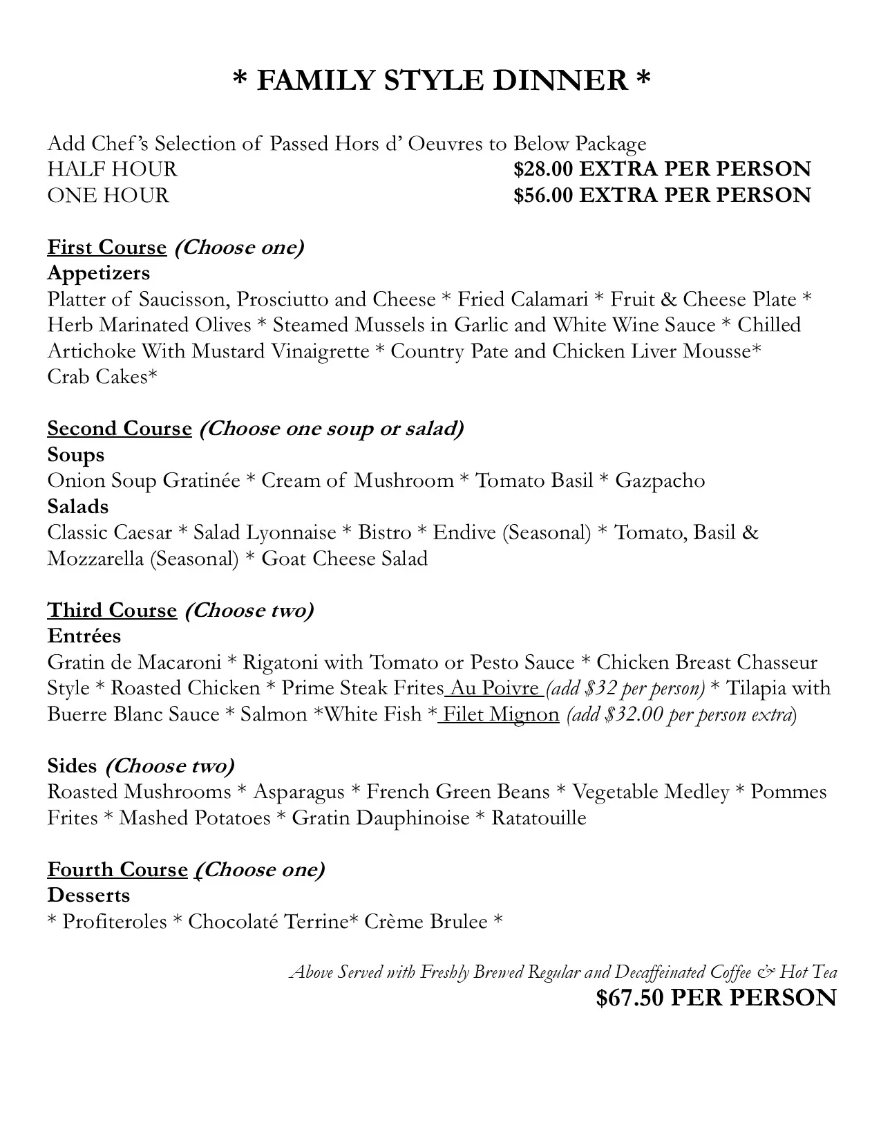 Elegant family-style dinner menu with diverse course options