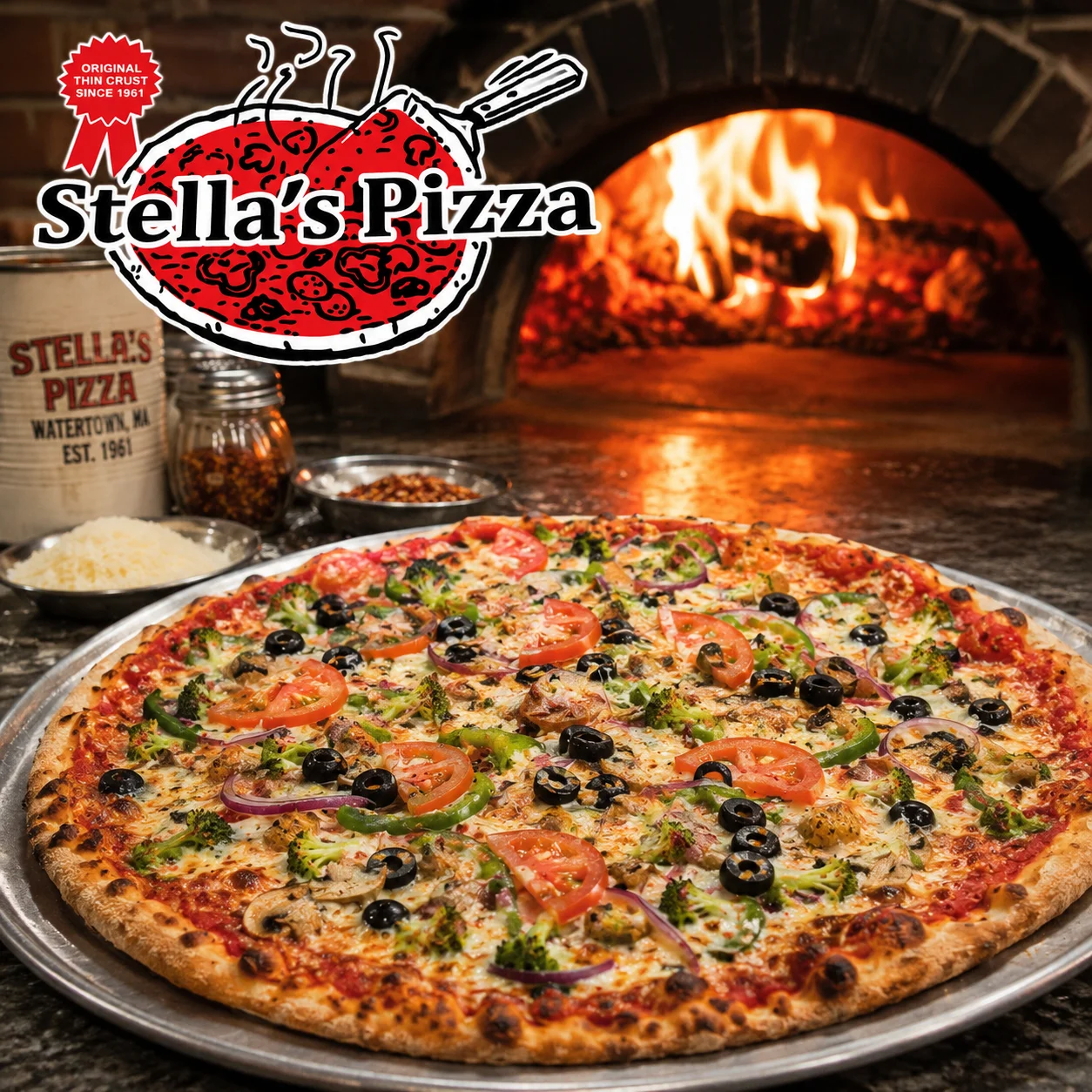 Cheesy Margherita pizza from a wood-fired oven