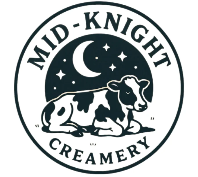 Logo of Mid-Knight Creamery featuring a cow and crescent moon