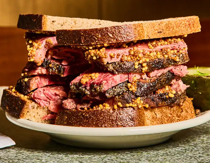 Pastrami sandwich on rye with grain mustard on a plate