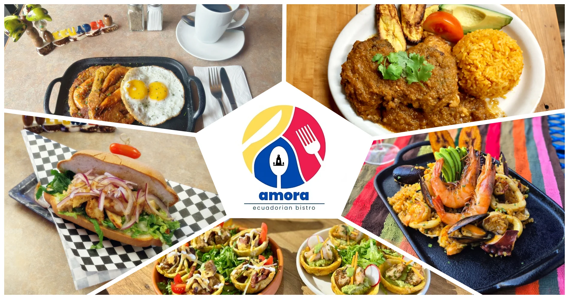 Ecuadorian seafood paella with shrimp and mussels on a sizzling platter