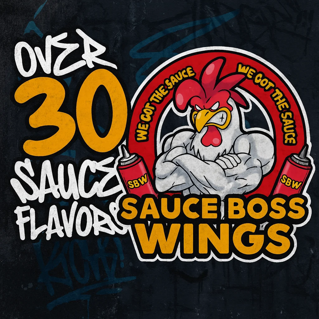Sauce Boss Wings logo featuring over 30 sauce flavors
