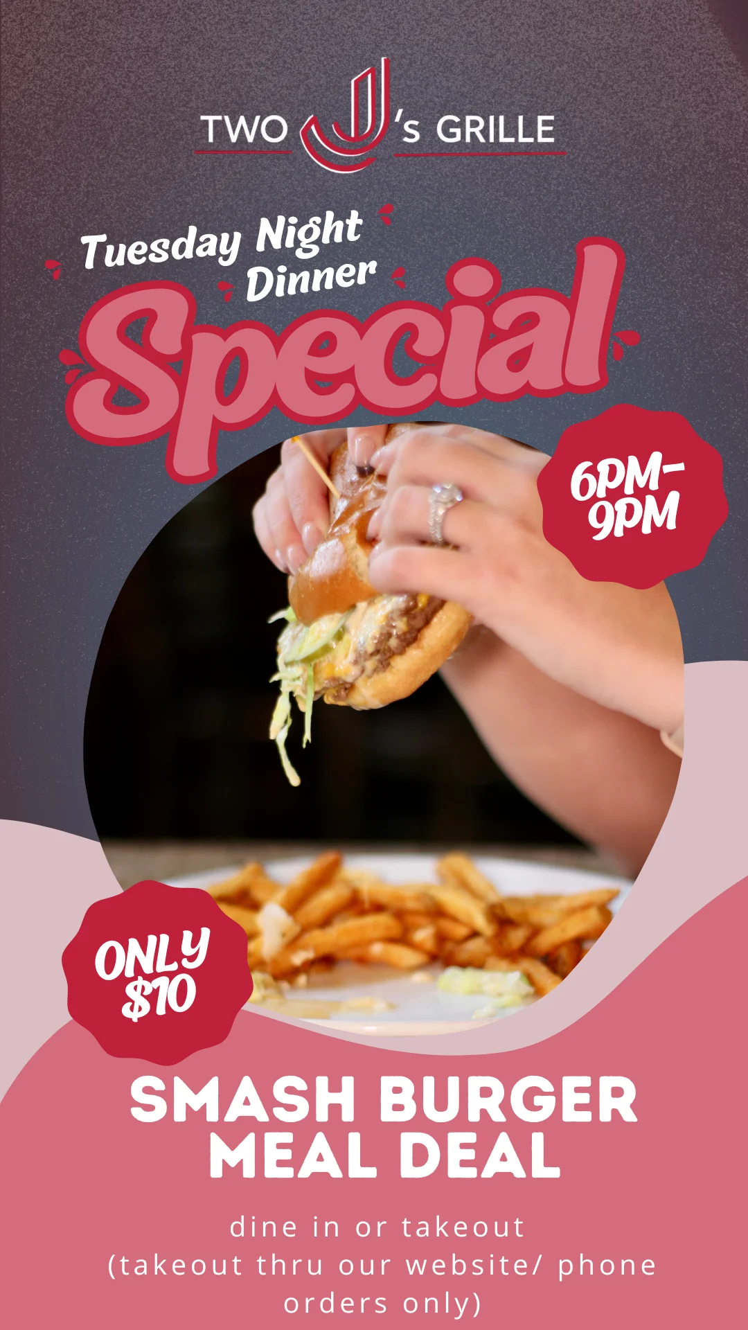 Juicy smash burger with fries at a restaurant