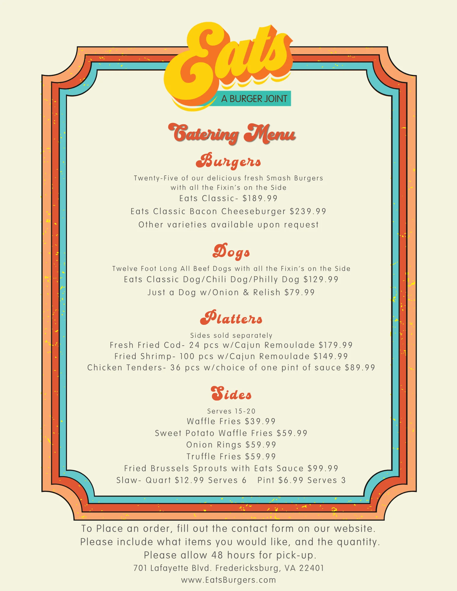 Catering menu showcasing various food options for events and gatherings.