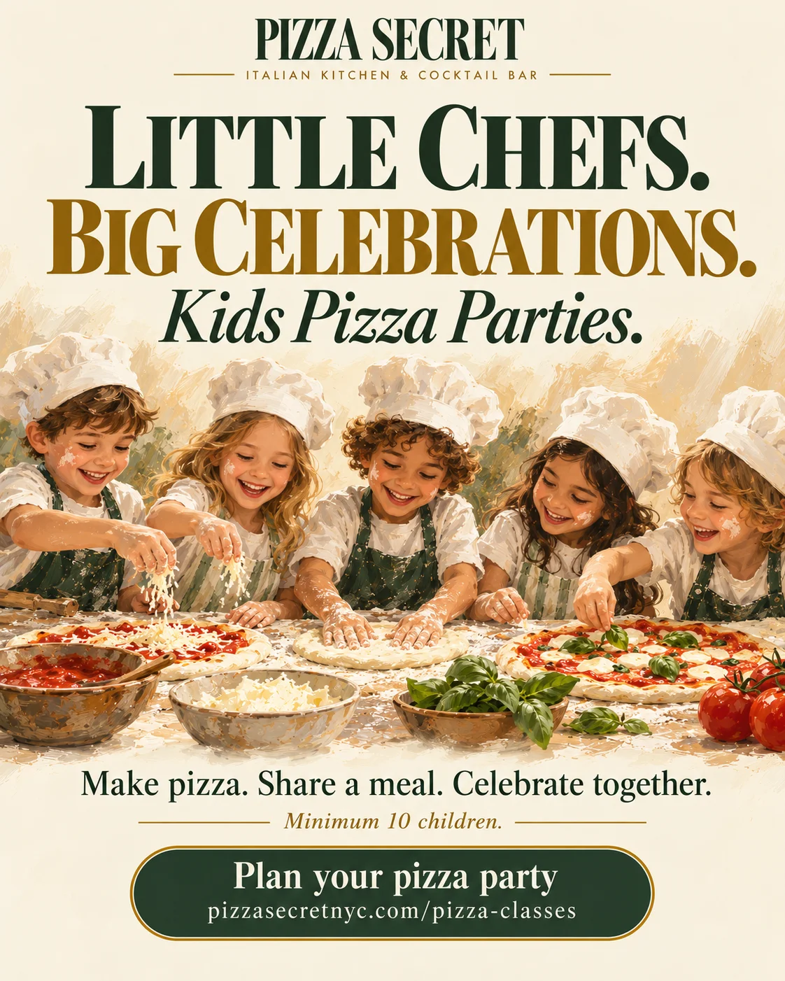 Little chefs making pizza together: Kids Pizza Parties at Pizza Secret, minimum 10 children