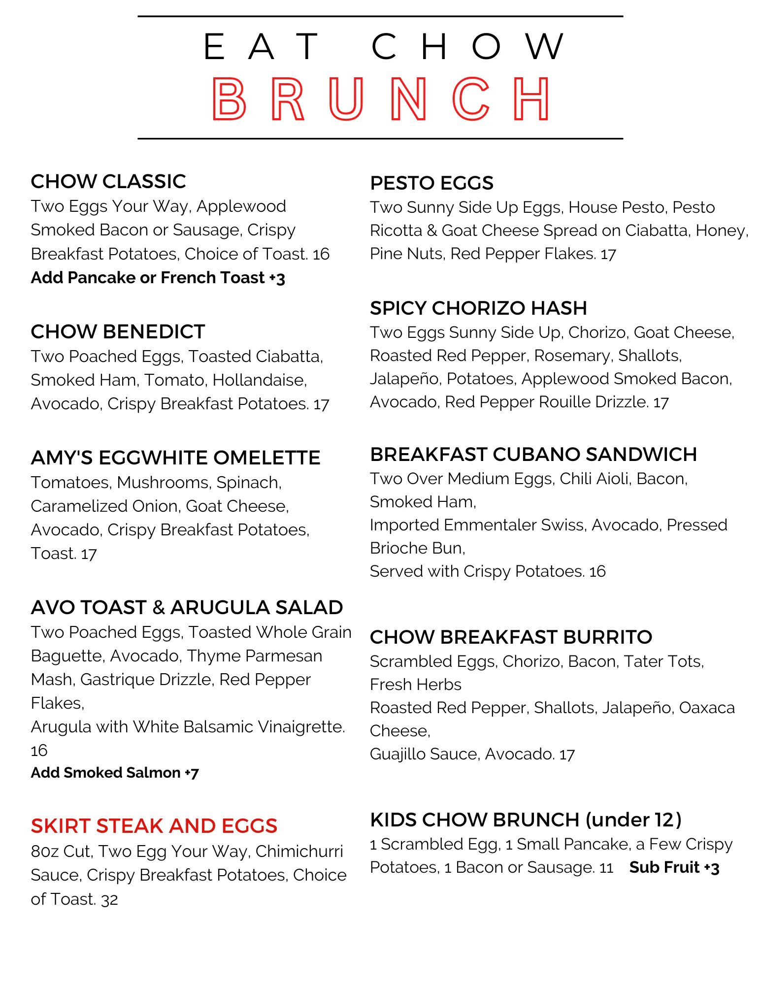 Brunch menu featuring diverse egg dishes and breakfast options