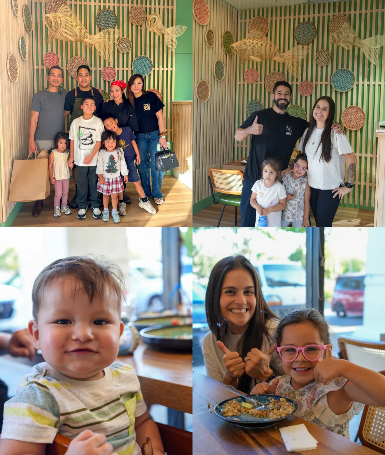 Cozy restaurant interior with colorful decor and families enjoying meals