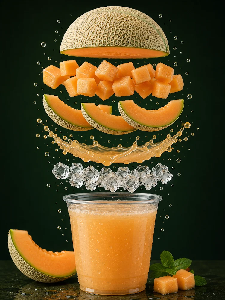 A refreshing cantaloupe drink surrounded by floating pieces of cantaloupe, ice, and splashes of liquid.