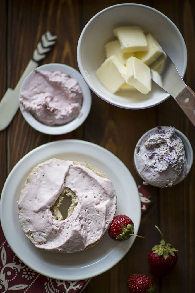 Bagel with strawberry cream cheese spread