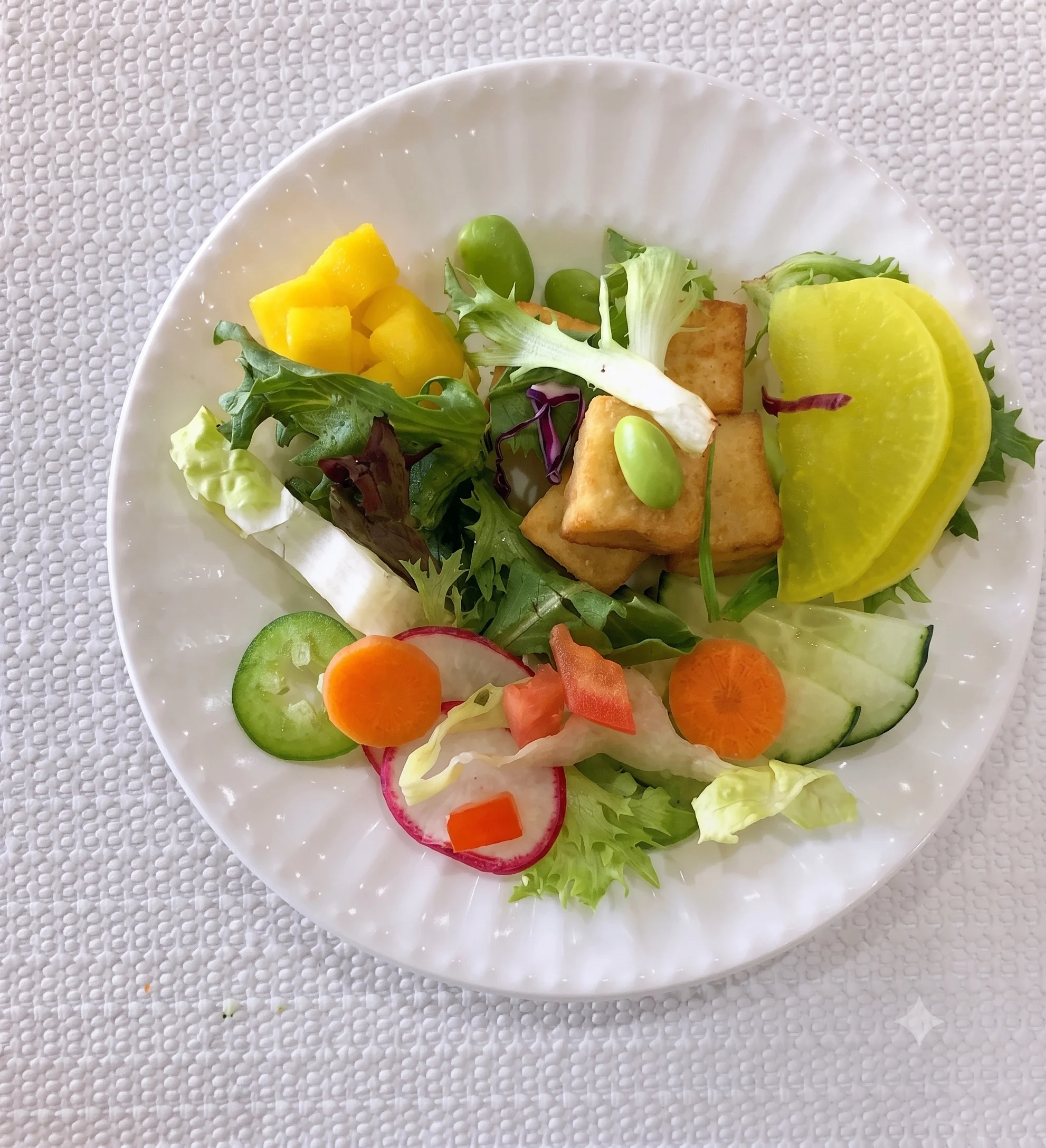 Colorful salad with tofu, fresh vegetables, and mango on a white plate.