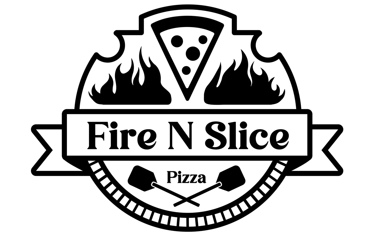 A black and white logo for a pizza brand featuring a slice of pizza and flames. The design is simple and bold.