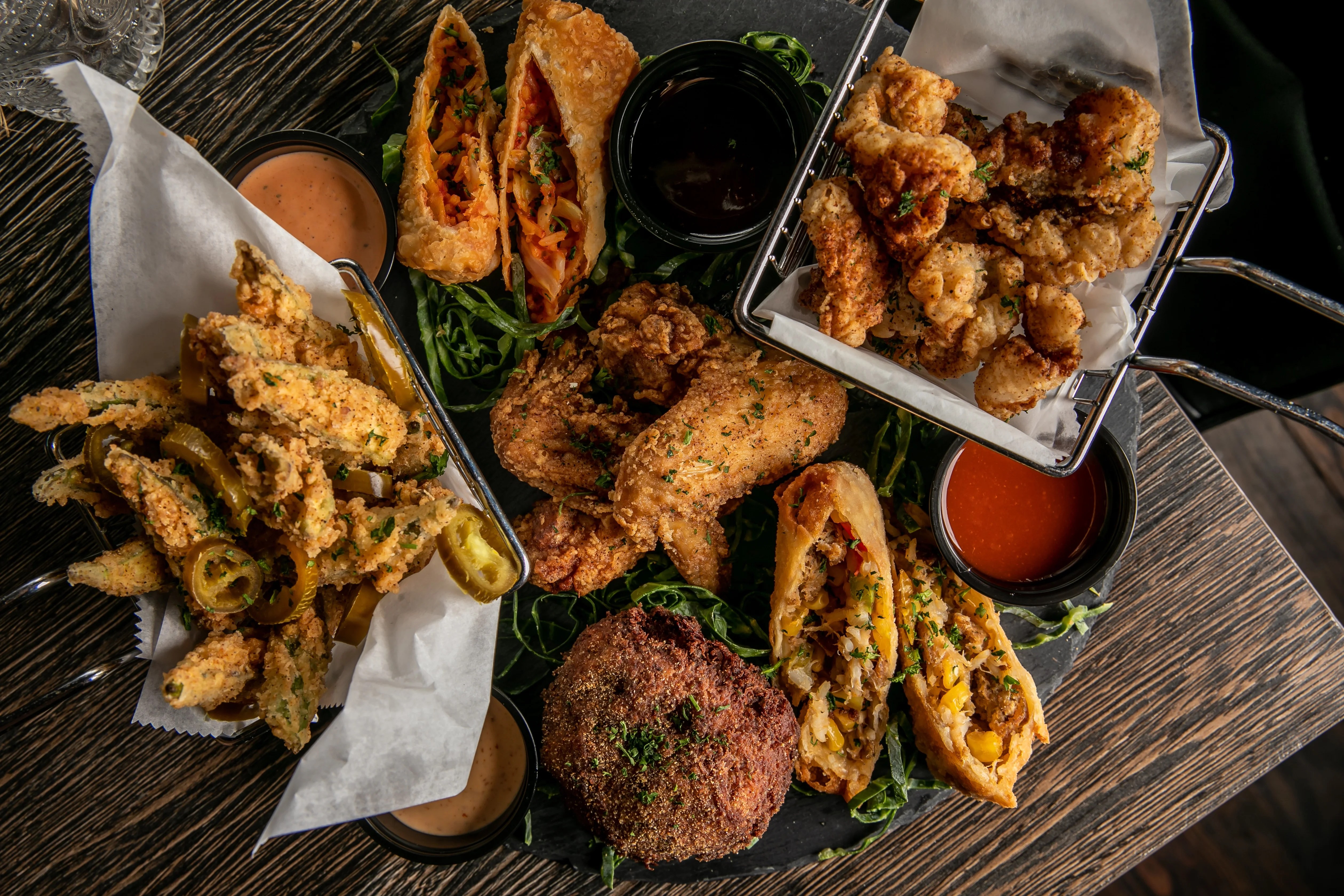Southern fried chicken platter with assorted appetizers