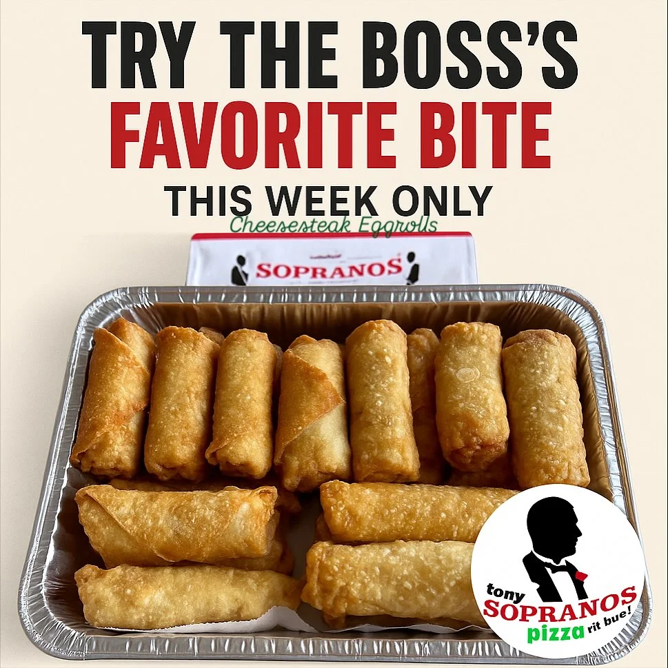 A tray filled with delicious cheesesteak eggrolls, golden and crispy, displayed prominently with promotional text in the background.