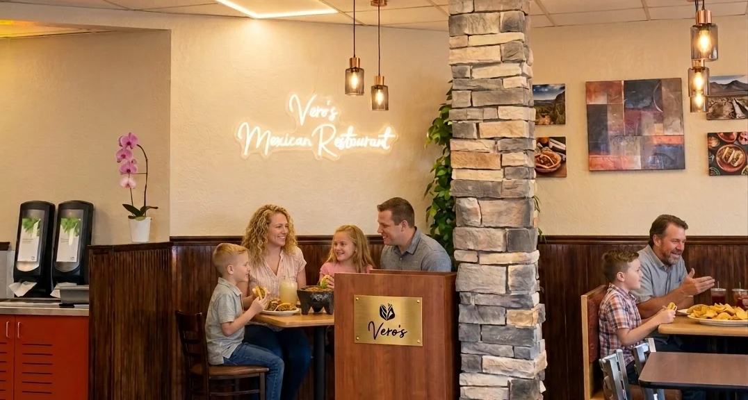 Cozy restaurant wall with neon sign and floral decor