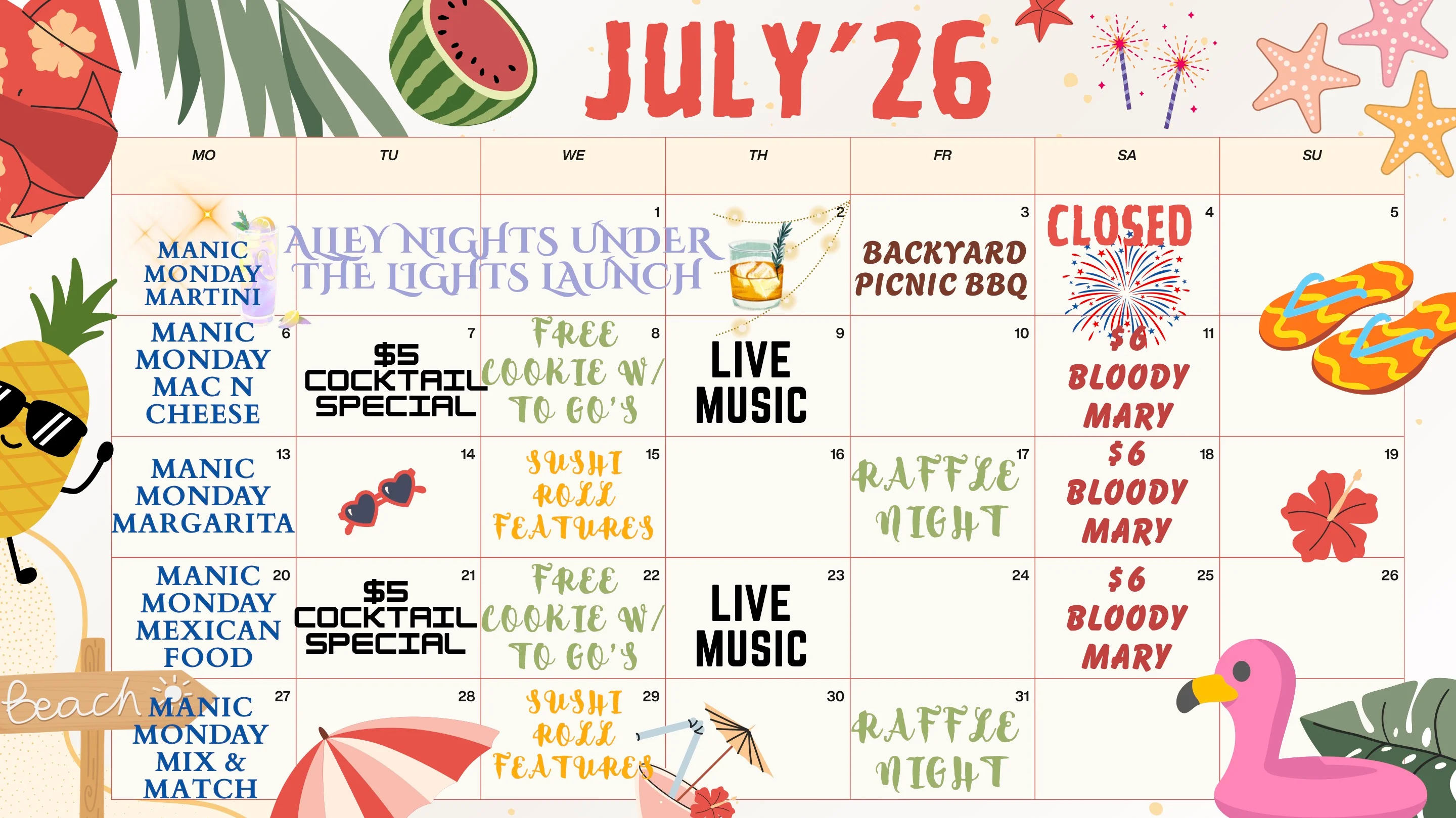 July 2026 restaurant event calendar with themed nights and specials