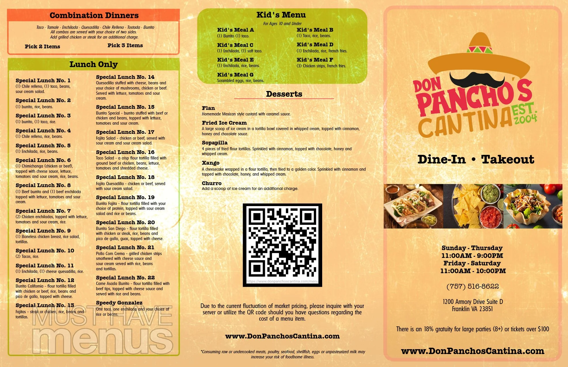 Colorful menu featuring Mexican dishes and desserts at Don Pancho's Cantina