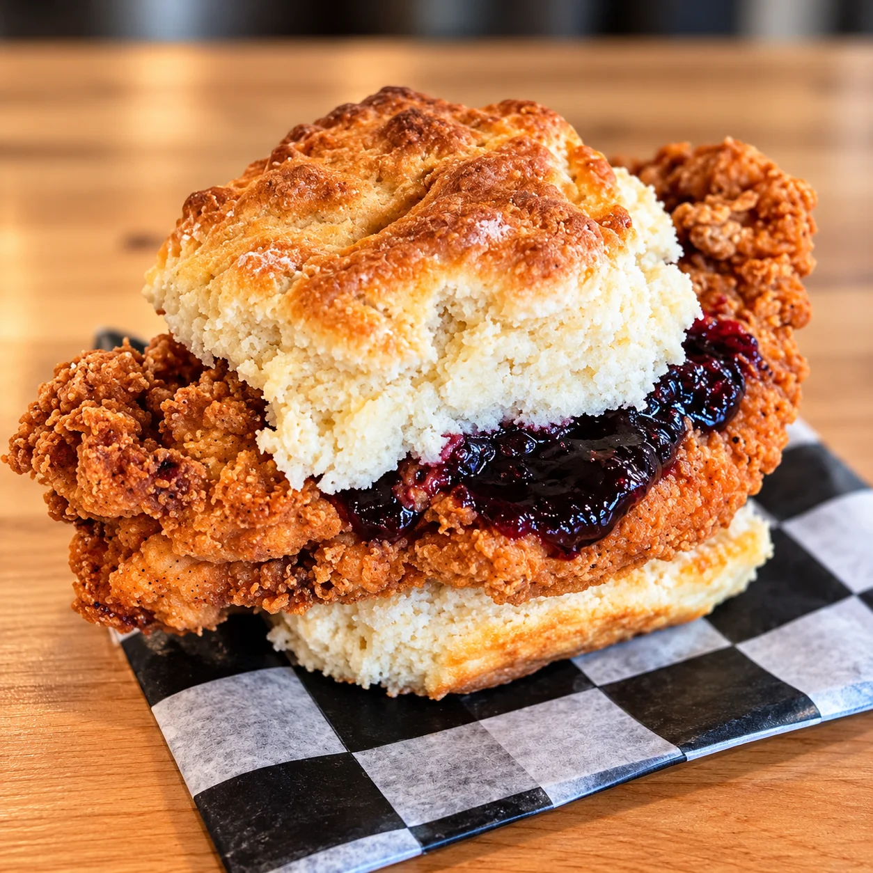 Southern fried chicken biscuit sandwich with berry jam