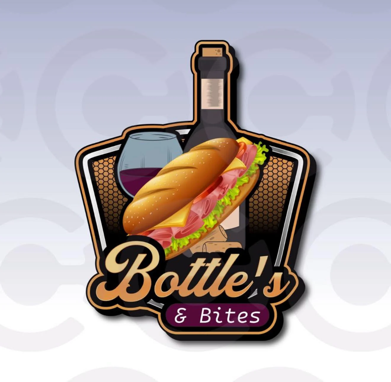 A bold logo featuring a sandwich filled with various meats and cheese, accompanied by a glass of red wine and a bottle. The design has a graphic, modern style with the name 'Bottle's & Bites' prominently displayed.