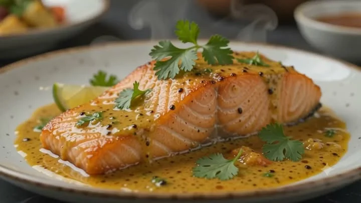 Grilled salmon fillet with mustard sauce and cilantro garnish