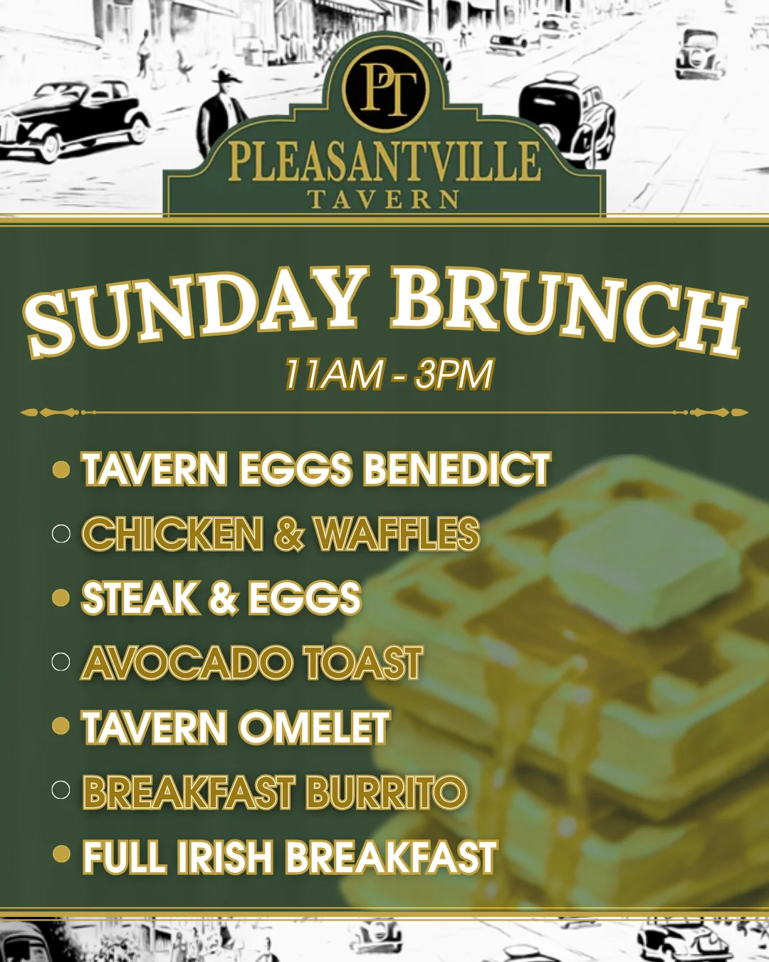 Sunday brunch menu featuring classic dishes