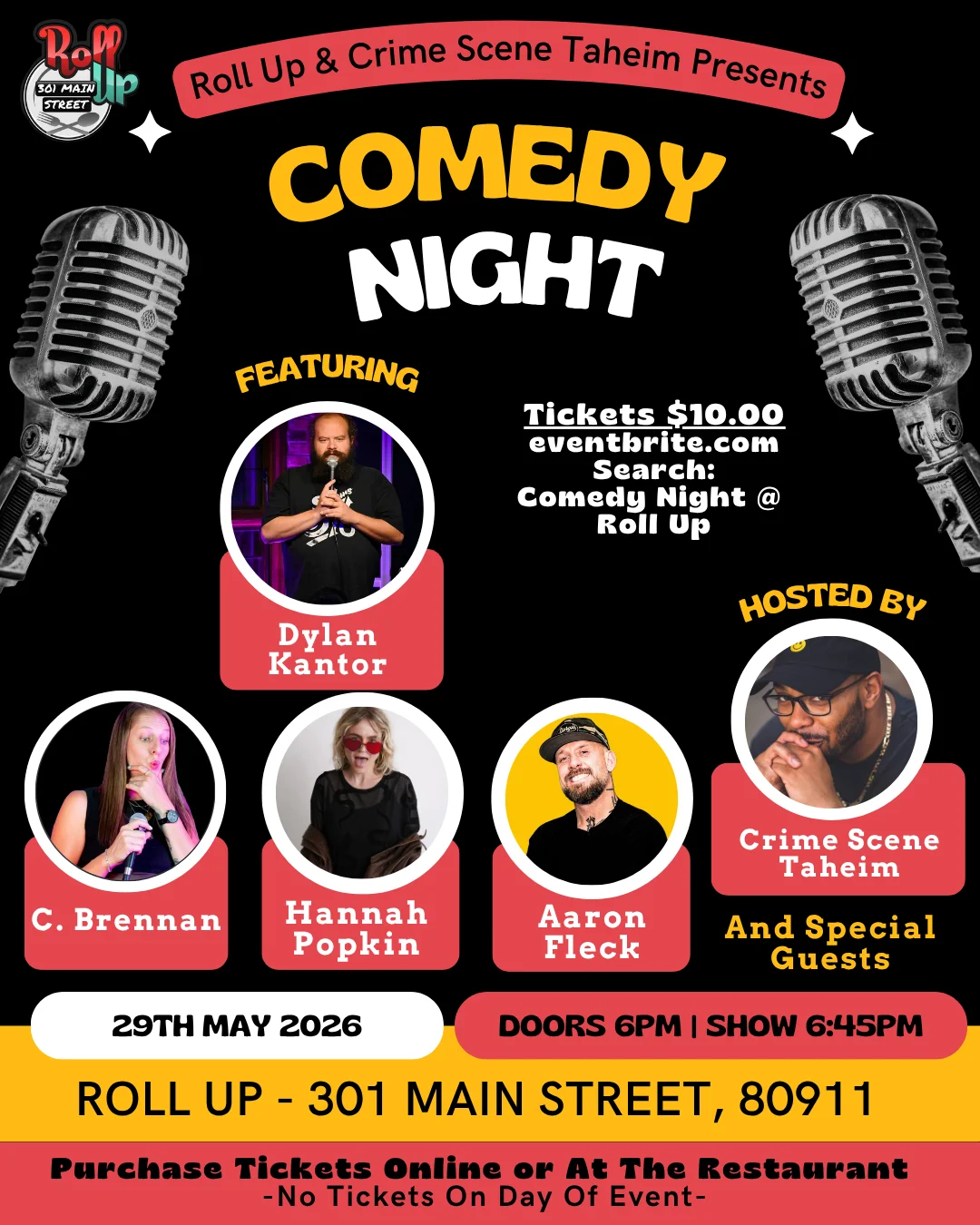 Comedy Night event poster featuring performers and details.
