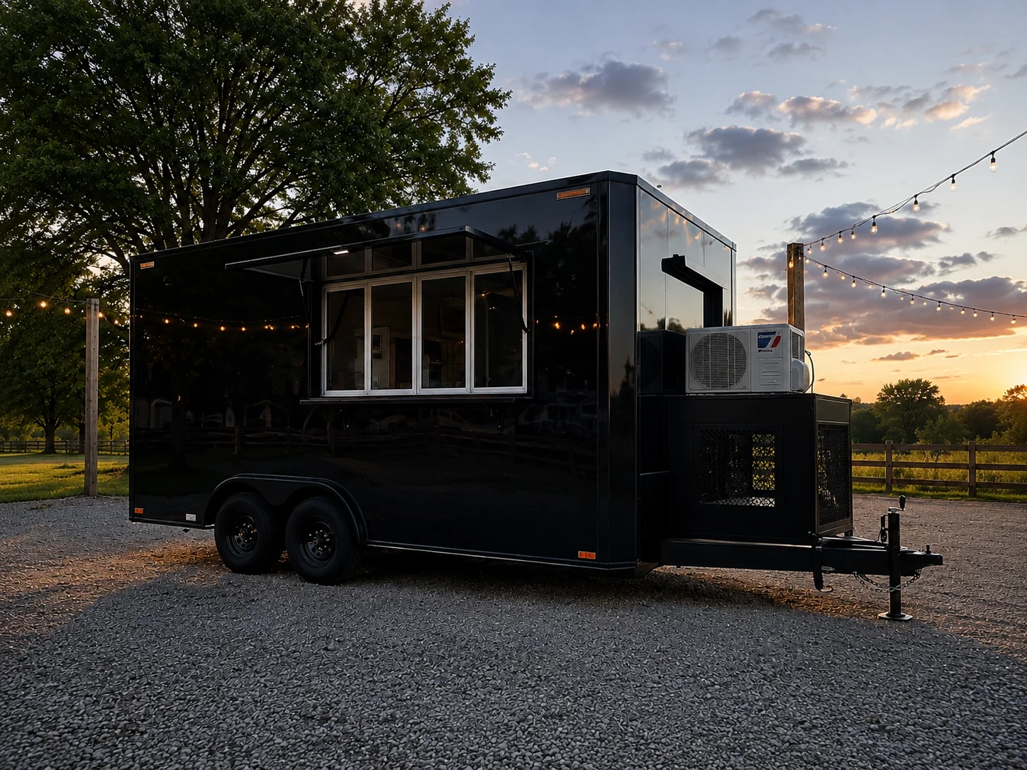 Modern black food truck at sunset