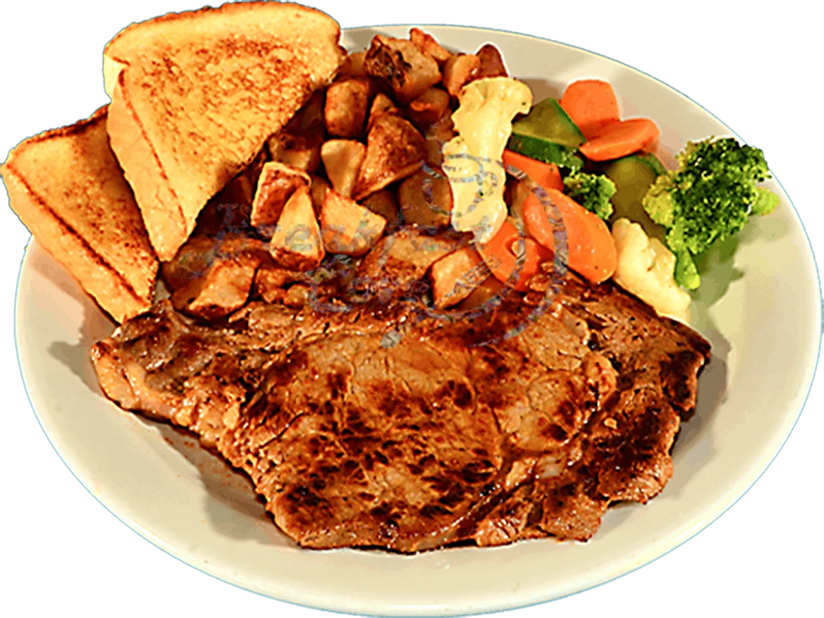 Grilled steak dinner with toast and mixed vegetables