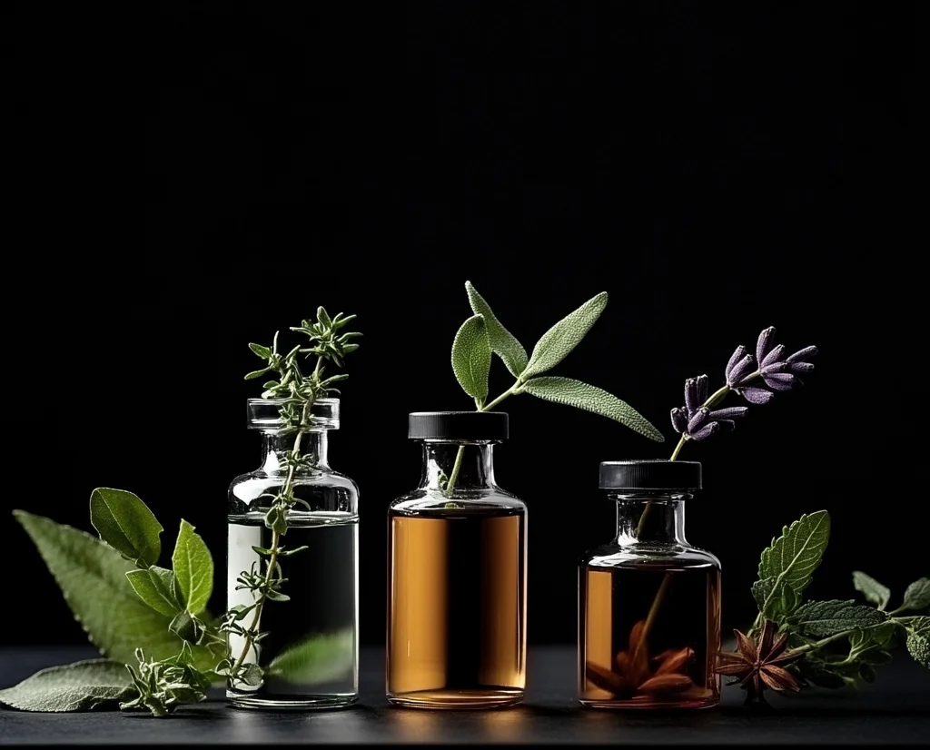 Assorted herbal extracts in glass vials