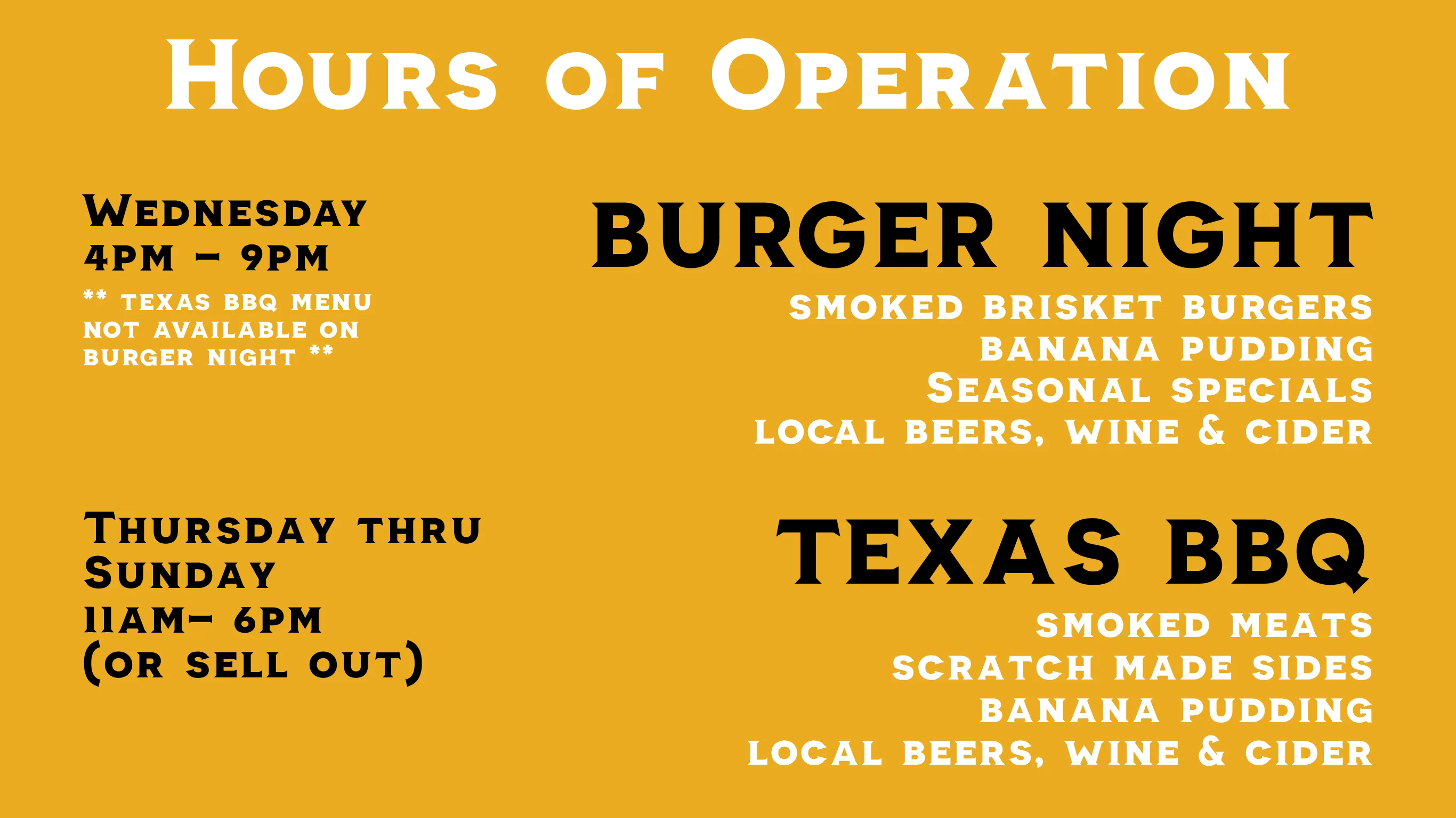 Restaurant hours for Burger Night and Texas BBQ specials