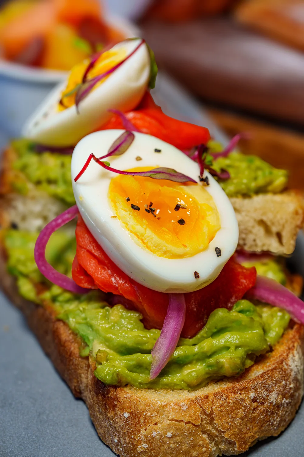 Avocado toast with soft-boiled egg and smoked salmon