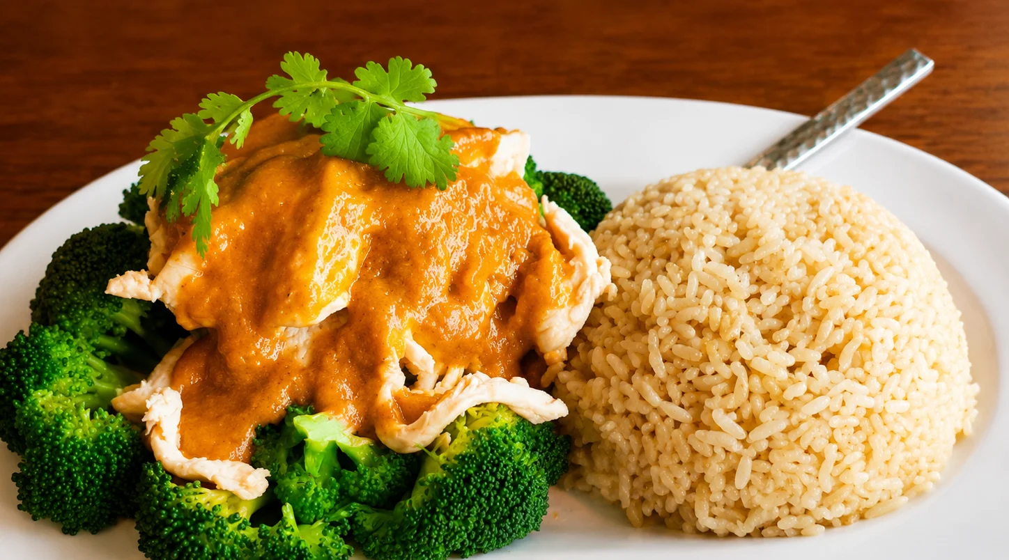 Thai chicken with peanut sauce and steamed broccoli