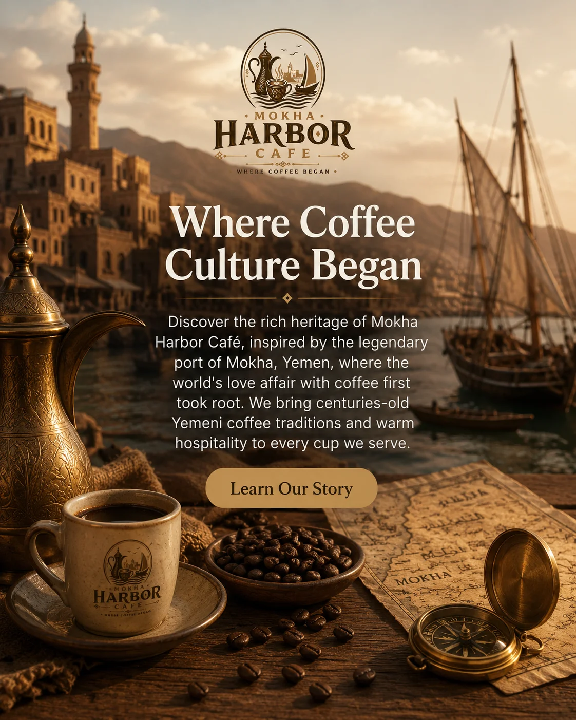 Mokha Harbor Café showcasing coffee culture with traditional Yemeni elements.